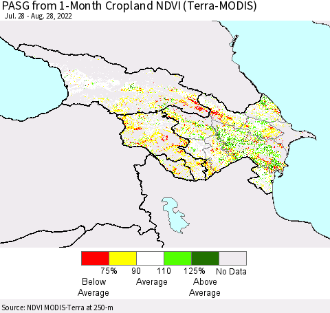 Azerbaijan, Armenia and Georgia PASG from 1-Month Cropland NDVI (Terra-MODIS) Thematic Map For 8/21/2022 - 8/28/2022