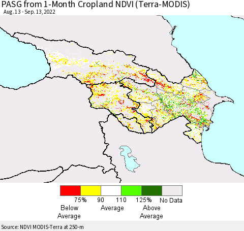 Azerbaijan, Armenia and Georgia PASG from 1-Month Cropland NDVI (Terra-MODIS) Thematic Map For 9/6/2022 - 9/13/2022