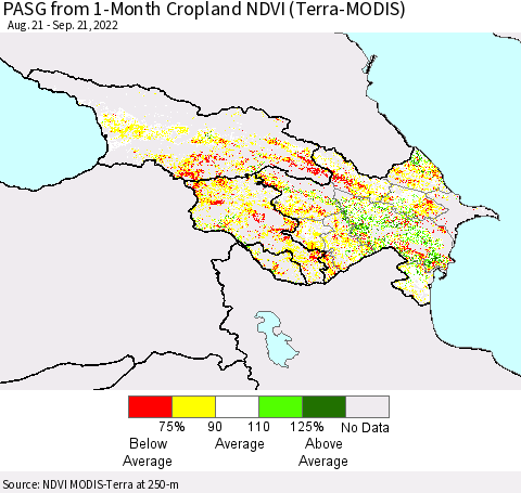 Azerbaijan, Armenia and Georgia PASG from 1-Month Cropland NDVI (Terra-MODIS) Thematic Map For 9/14/2022 - 9/21/2022