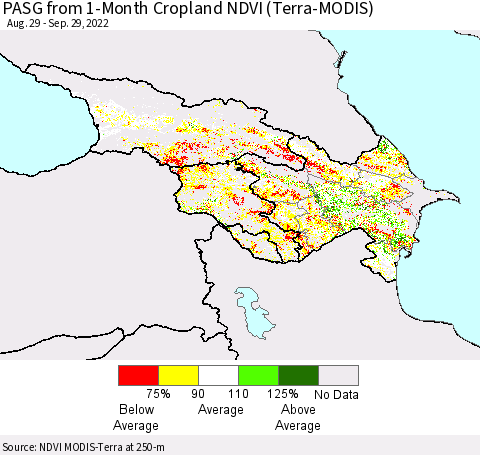 Azerbaijan, Armenia and Georgia PASG from 1-Month Cropland NDVI (Terra-MODIS) Thematic Map For 9/22/2022 - 9/29/2022