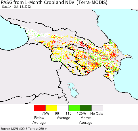 Azerbaijan, Armenia and Georgia PASG from 1-Month Cropland NDVI (Terra-MODIS) Thematic Map For 10/8/2022 - 10/15/2022