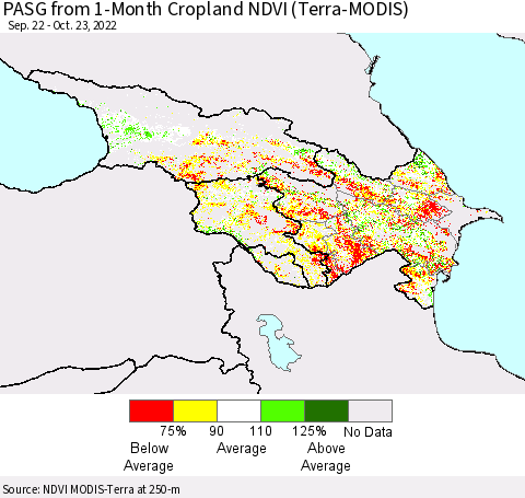 Azerbaijan, Armenia and Georgia PASG from 1-Month Cropland NDVI (Terra-MODIS) Thematic Map For 10/16/2022 - 10/23/2022
