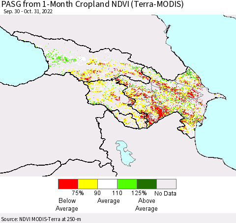 Azerbaijan, Armenia and Georgia PASG from 1-Month Cropland NDVI (Terra-MODIS) Thematic Map For 10/24/2022 - 10/31/2022