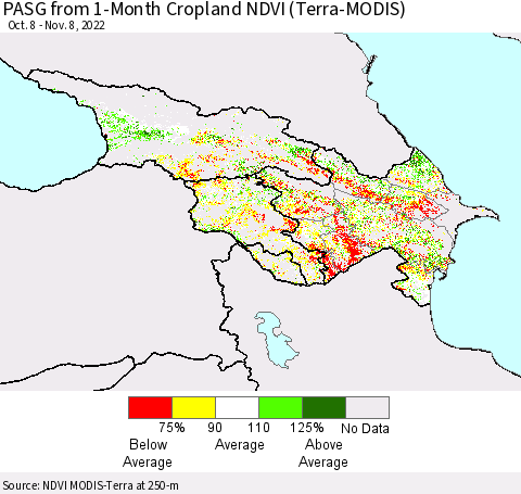 Azerbaijan, Armenia and Georgia PASG from 1-Month Cropland NDVI (Terra-MODIS) Thematic Map For 11/1/2022 - 11/8/2022