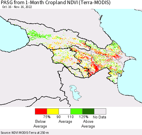 Azerbaijan, Armenia and Georgia PASG from 1-Month Cropland NDVI (Terra-MODIS) Thematic Map For 11/9/2022 - 11/16/2022