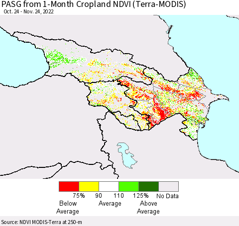 Azerbaijan, Armenia and Georgia PASG from 1-Month Cropland NDVI (Terra-MODIS) Thematic Map For 11/17/2022 - 11/24/2022