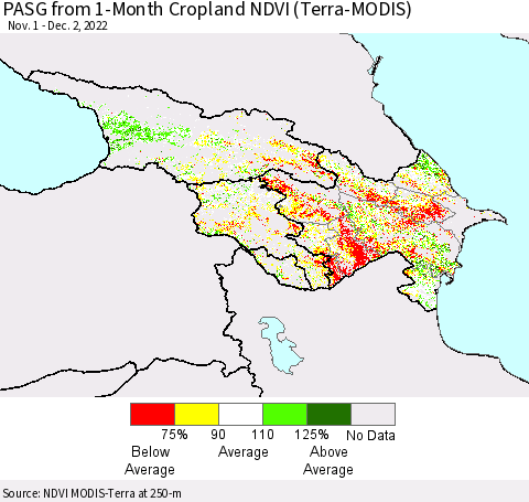 Azerbaijan, Armenia and Georgia PASG from 1-Month Cropland NDVI (Terra-MODIS) Thematic Map For 11/25/2022 - 12/2/2022