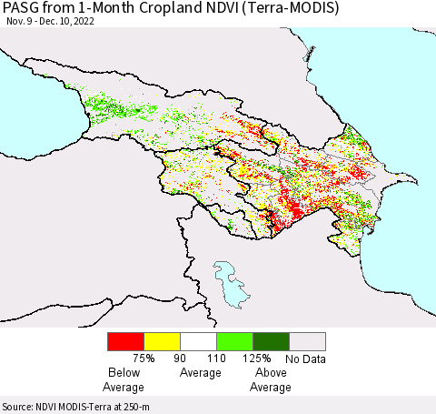 Azerbaijan, Armenia and Georgia PASG from 1-Month Cropland NDVI (Terra-MODIS) Thematic Map For 12/3/2022 - 12/10/2022