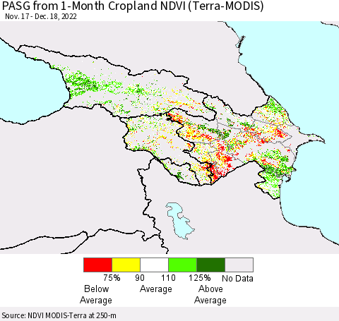 Azerbaijan, Armenia and Georgia PASG from 1-Month Cropland NDVI (Terra-MODIS) Thematic Map For 12/11/2022 - 12/18/2022