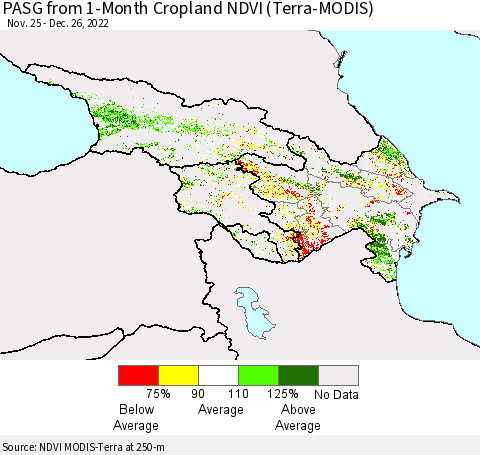 Azerbaijan, Armenia and Georgia PASG from 1-Month Cropland NDVI (Terra-MODIS) Thematic Map For 12/19/2022 - 12/26/2022