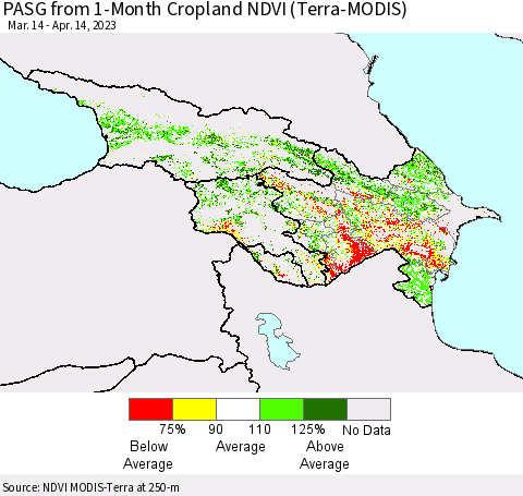Azerbaijan, Armenia and Georgia PASG from 1-Month Cropland NDVI (Terra-MODIS) Thematic Map For 4/7/2023 - 4/14/2023