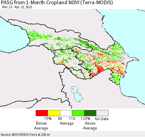 Azerbaijan, Armenia and Georgia PASG from 1-Month Cropland NDVI (Terra-MODIS) Thematic Map For 4/15/2023 - 4/22/2023