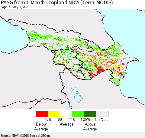 Azerbaijan, Armenia and Georgia PASG from 1-Month Cropland NDVI (Terra-MODIS) Thematic Map For 5/1/2023 - 5/8/2023