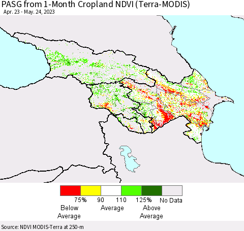Azerbaijan, Armenia and Georgia PASG from 1-Month Cropland NDVI (Terra-MODIS) Thematic Map For 5/17/2023 - 5/24/2023