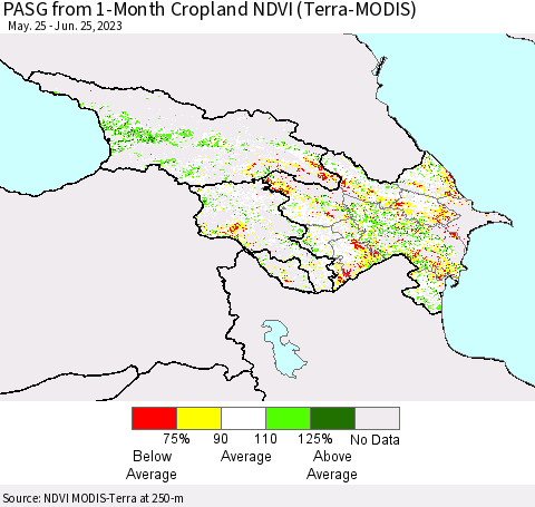 Azerbaijan, Armenia and Georgia PASG from 1-Month Cropland NDVI (Terra-MODIS) Thematic Map For 6/18/2023 - 6/25/2023