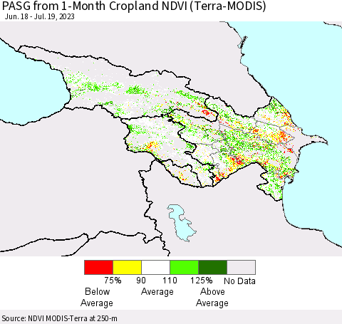 Azerbaijan, Armenia and Georgia PASG from 1-Month Cropland NDVI (Terra-MODIS) Thematic Map For 7/12/2023 - 7/19/2023