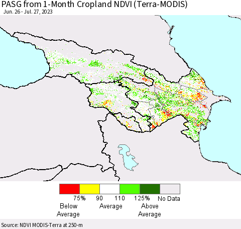 Azerbaijan, Armenia and Georgia PASG from 1-Month Cropland NDVI (Terra-MODIS) Thematic Map For 7/20/2023 - 7/27/2023