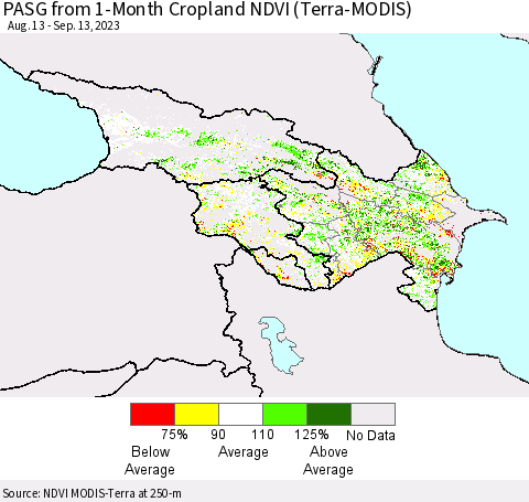 Azerbaijan, Armenia and Georgia PASG from 1-Month Cropland NDVI (Terra-MODIS) Thematic Map For 9/6/2023 - 9/13/2023