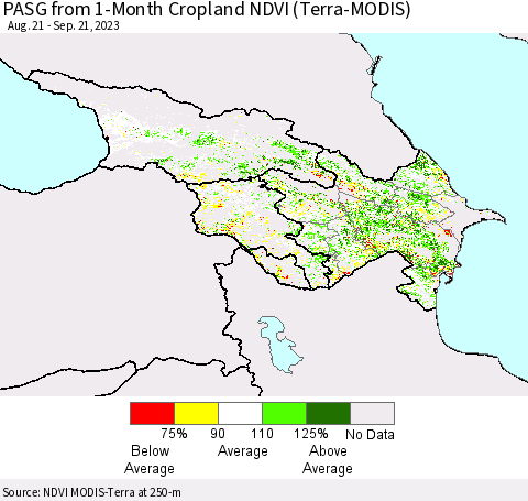 Azerbaijan, Armenia and Georgia PASG from 1-Month Cropland NDVI (Terra-MODIS) Thematic Map For 9/14/2023 - 9/21/2023