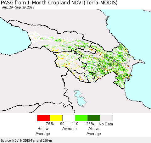 Azerbaijan, Armenia and Georgia PASG from 1-Month Cropland NDVI (Terra-MODIS) Thematic Map For 9/22/2023 - 9/29/2023