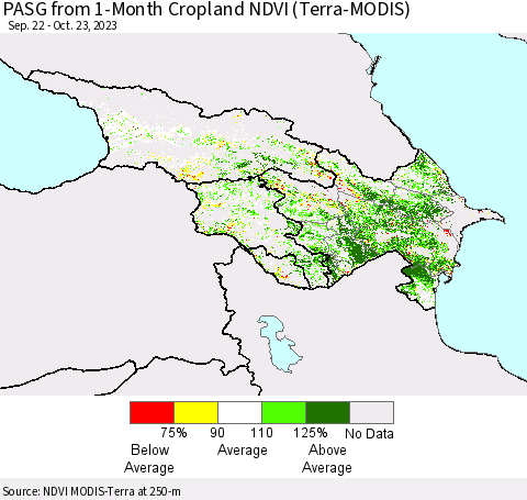 Azerbaijan, Armenia and Georgia PASG from 1-Month Cropland NDVI (Terra-MODIS) Thematic Map For 10/16/2023 - 10/23/2023