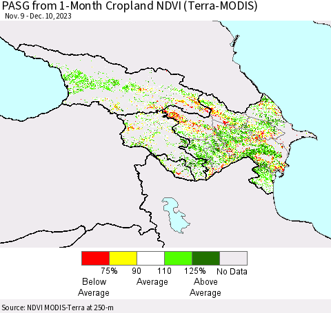 Azerbaijan, Armenia and Georgia PASG from 1-Month Cropland NDVI (Terra-MODIS) Thematic Map For 12/3/2023 - 12/10/2023