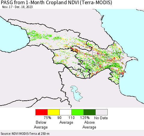 Azerbaijan, Armenia and Georgia PASG from 1-Month Cropland NDVI (Terra-MODIS) Thematic Map For 12/11/2023 - 12/18/2023
