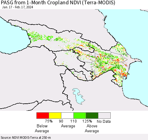 Azerbaijan, Armenia and Georgia PASG from 1-Month Cropland NDVI (Terra-MODIS) Thematic Map For 2/10/2024 - 2/17/2024