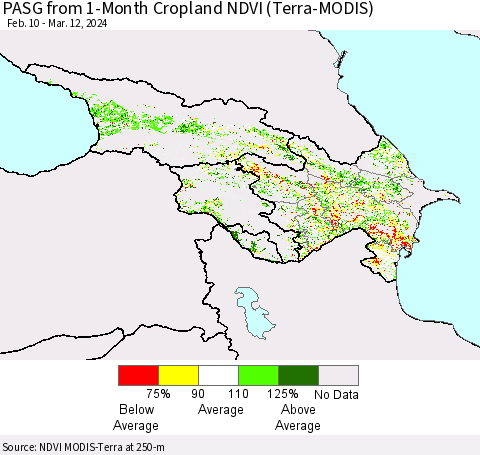 Azerbaijan, Armenia and Georgia PASG from 1-Month Cropland NDVI (Terra-MODIS) Thematic Map For 3/5/2024 - 3/12/2024