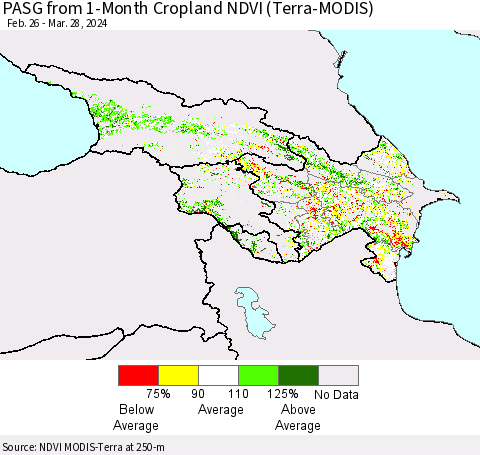 Azerbaijan, Armenia and Georgia PASG from 1-Month Cropland NDVI (Terra-MODIS) Thematic Map For 3/21/2024 - 3/28/2024
