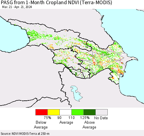 Azerbaijan, Armenia and Georgia PASG from 1-Month Cropland NDVI (Terra-MODIS) Thematic Map For 4/14/2024 - 4/21/2024