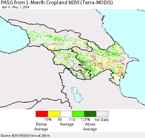 Azerbaijan, Armenia and Georgia PASG from 1-Month Cropland NDVI (Terra-MODIS) Thematic Map For 4/30/2024 - 5/7/2024