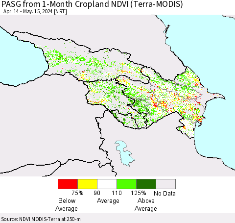 Azerbaijan, Armenia and Georgia PASG from 1-Month Cropland NDVI (Terra-MODIS) Thematic Map For 5/8/2024 - 5/15/2024