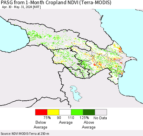 Azerbaijan, Armenia and Georgia PASG from 1-Month Cropland NDVI (Terra-MODIS) Thematic Map For 5/24/2024 - 5/31/2024