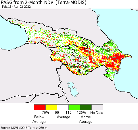 Azerbaijan, Armenia and Georgia PASG from 2-Month NDVI (Terra-MODIS) Thematic Map For 4/15/2022 - 4/22/2022