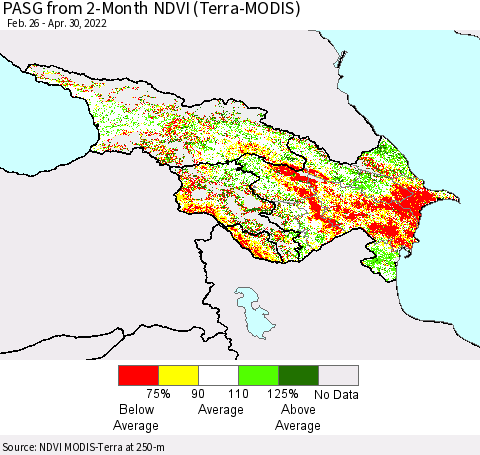 Azerbaijan, Armenia and Georgia PASG from 2-Month NDVI (Terra-MODIS) Thematic Map For 4/23/2022 - 4/30/2022