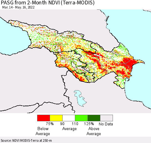 Azerbaijan, Armenia and Georgia PASG from 2-Month NDVI (Terra-MODIS) Thematic Map For 5/9/2022 - 5/16/2022