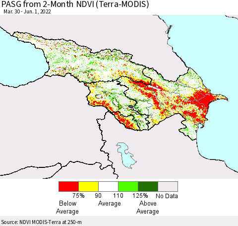 Azerbaijan, Armenia and Georgia PASG from 2-Month NDVI (Terra-MODIS) Thematic Map For 5/25/2022 - 6/1/2022