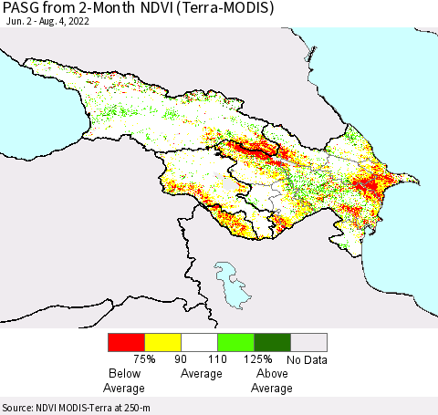 Azerbaijan, Armenia and Georgia PASG from 2-Month NDVI (Terra-MODIS) Thematic Map For 7/28/2022 - 8/4/2022