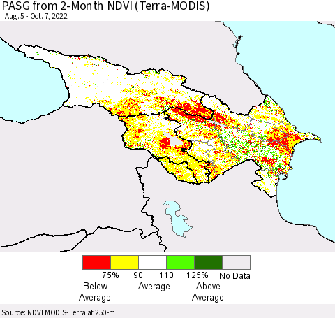 Azerbaijan, Armenia and Georgia PASG from 2-Month NDVI (Terra-MODIS) Thematic Map For 9/30/2022 - 10/7/2022