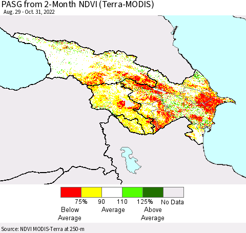 Azerbaijan, Armenia and Georgia PASG from 2-Month NDVI (Terra-MODIS) Thematic Map For 10/24/2022 - 10/31/2022