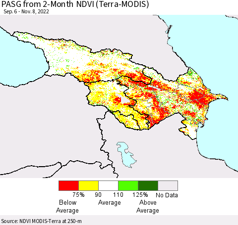 Azerbaijan, Armenia and Georgia PASG from 2-Month NDVI (Terra-MODIS) Thematic Map For 11/1/2022 - 11/8/2022