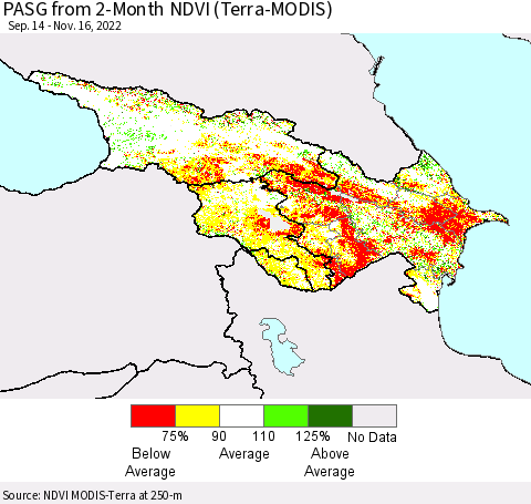 Azerbaijan, Armenia and Georgia PASG from 2-Month NDVI (Terra-MODIS) Thematic Map For 11/9/2022 - 11/16/2022