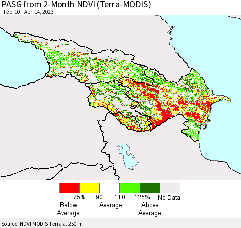 Azerbaijan, Armenia and Georgia PASG from 2-Month NDVI (Terra-MODIS) Thematic Map For 4/7/2023 - 4/14/2023