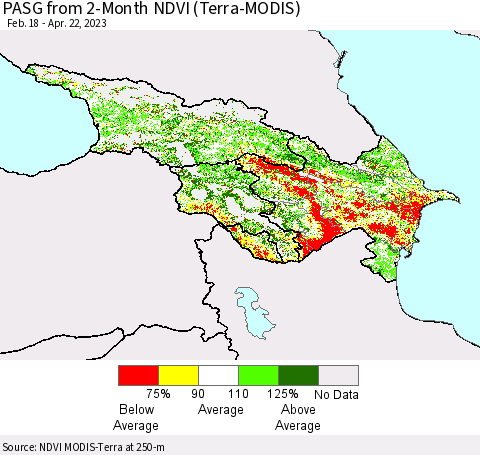 Azerbaijan, Armenia and Georgia PASG from 2-Month NDVI (Terra-MODIS) Thematic Map For 4/15/2023 - 4/22/2023