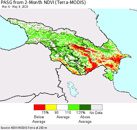 Azerbaijan, Armenia and Georgia PASG from 2-Month NDVI (Terra-MODIS) Thematic Map For 5/1/2023 - 5/8/2023