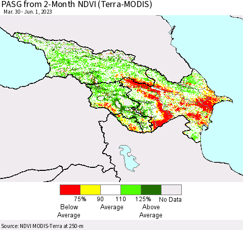 Azerbaijan, Armenia and Georgia PASG from 2-Month NDVI (Terra-MODIS) Thematic Map For 5/25/2023 - 6/1/2023