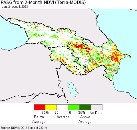 Azerbaijan, Armenia and Georgia PASG from 2-Month NDVI (Terra-MODIS) Thematic Map For 7/28/2023 - 8/4/2023