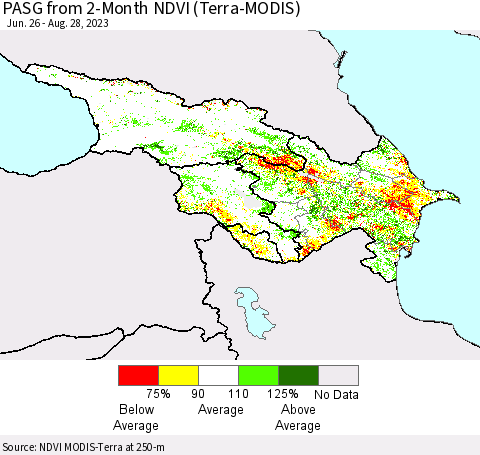 Azerbaijan, Armenia and Georgia PASG from 2-Month NDVI (Terra-MODIS) Thematic Map For 8/21/2023 - 8/28/2023