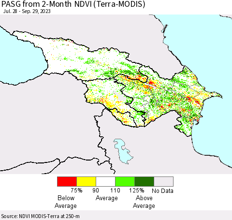 Azerbaijan, Armenia and Georgia PASG from 2-Month NDVI (Terra-MODIS) Thematic Map For 9/22/2023 - 9/29/2023